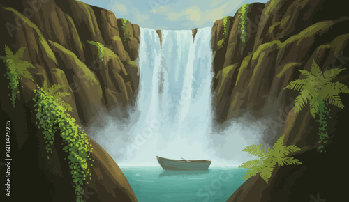 This serene illustration depicts a picturesque waterfall surrounded by lush foliage and a tranquil boat, evoking a sense of peace and connection with nature.