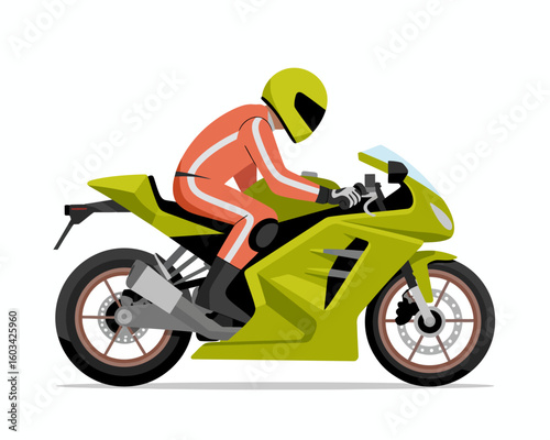 An artistic depiction of a racer in a bright orange suit riding a sleek green motorcycle, capturing the essence of speed, excitement, and the thrill of the open road.