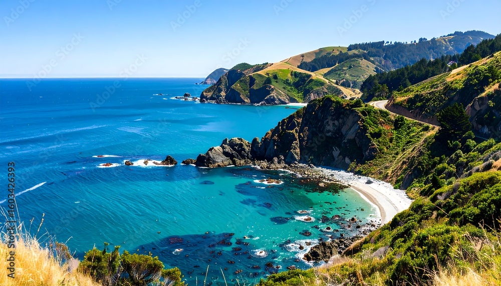 Naklejka premium Coastal landscape with vibrant ocean and lush hills