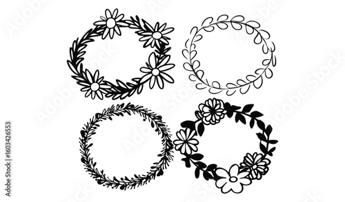 A decorative vector floral frame with an ornate flower and leaf pattern featuring a vintage black floral font letter O