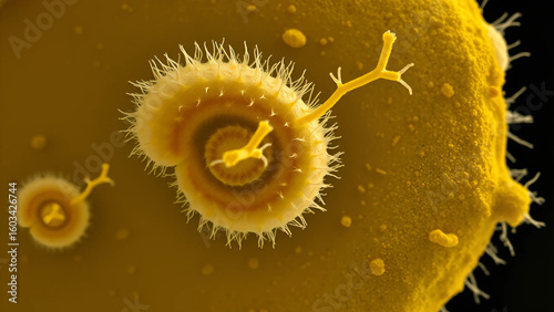Field Emission SEM of Campylobacter jejuni,
spiral morphology with bipolar flagella,
gold-coated surface at 50,000x magnification,
poultry gut microbiome context.