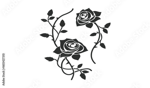 Elegant black and white silhouette of two blooming roses intertwined with delicate vines and leaves