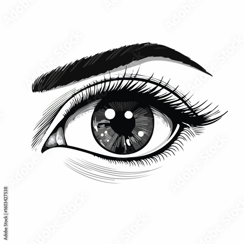 Monochrome vector illustration of a beautiful cartoon eye with a detailed iris, long eyelashes, and an eyebrow in a sketch style.