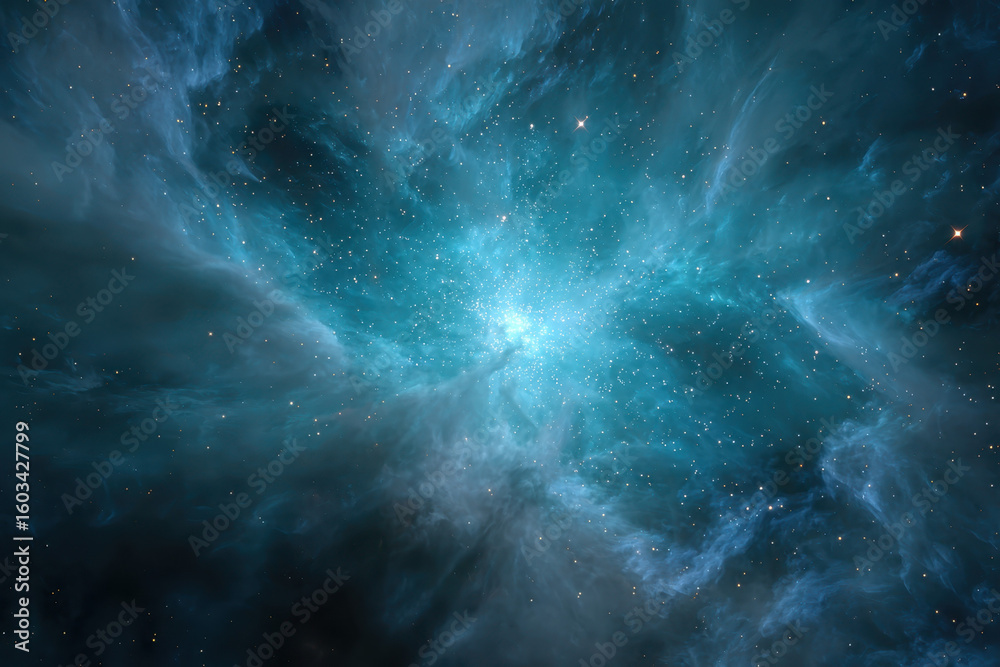 Fototapeta premium Abstract blue nebula emanates light from center star, creating serene and awe inspiring cosmic scene
