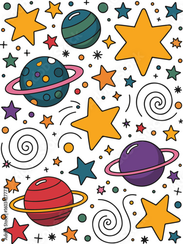Hand Drawn Outer Space Pattern with Cute Planets, Vibrant Stars, Cosmic Swirls, and Orbit Lines – A Fun and Imaginative Cartoon Universe Design for Children’s Rooms, Learning Materials, and Digital Ar