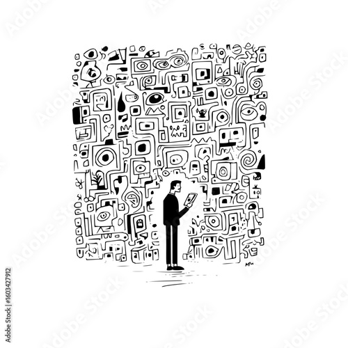 Man using a tablet in front of a complex doodle wall with eyes circles and squares in black and white art