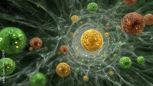 Dynamic scene with colliding particles conveys sense of intense energy and excitement, as vibrant orbs interact within complex network