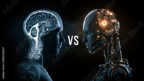 Human brain versus an AI robot, feeling tension and anticipation of competition, head to head