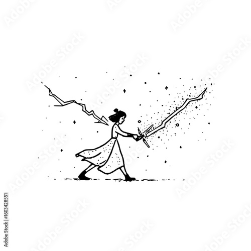 Illustration of a woman wielding a glowing sword with lightning bolts and stars in a black and white style