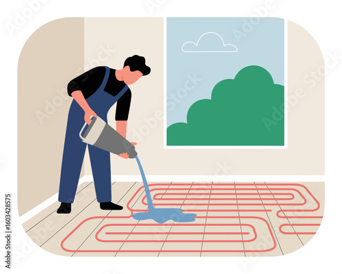 This image showcases a man carefully installing a hydronic heating system, combining craftsmanship and technology, while emphasizing home improvement and innovation.