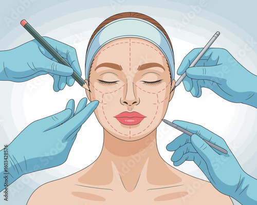 This illustration depicts a woman's face being marked for cosmetic procedures, emphasizing the precision and care involved in facial contouring and aesthetic treatments.