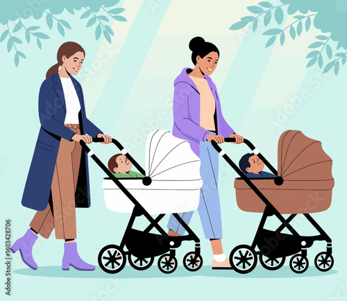 This image depicts two mothers walking together along a path, each pushing a stroller containing their adorable infants, showcasing a moment of connection and joy.