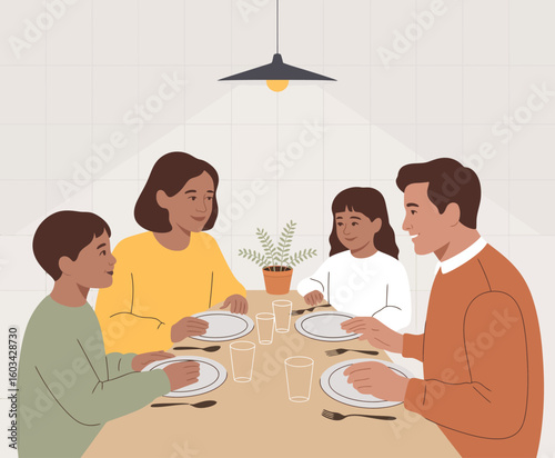 A family enjoying a meal together around a dining table, portraying the warmth of familial bonds and the importance of shared moments during everyday life.