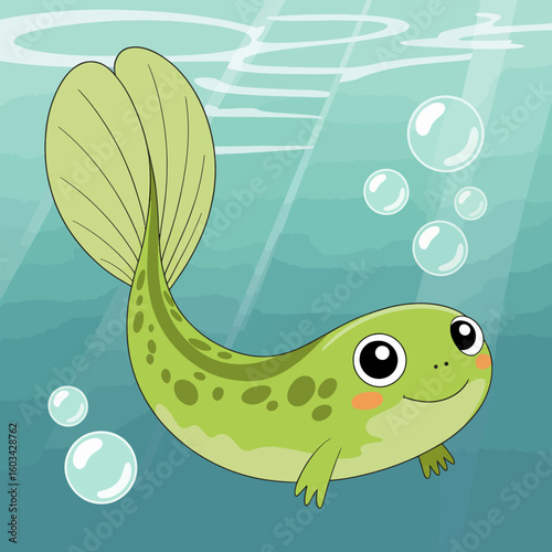 A vibrant cartoon illustration of a cheerful frog swimming in clear water, surrounded by bubbles, radiating happiness and playfulness.