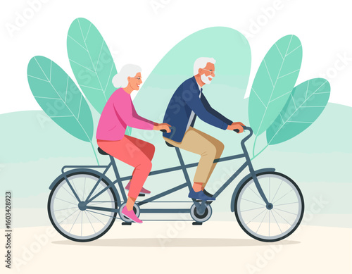 An elderly couple joyfully riding a tandem bicycle, symbolizing companionship and shared experiences, emphasizing the joy of togetherness in later stages of life.