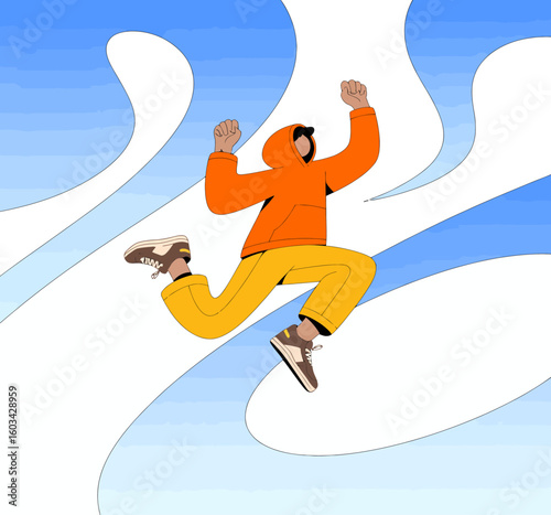 A dynamic illustration of a person in a bright orange hoodie and yellow pants jumping with excitement against a vibrant abstract background of flowing colors.