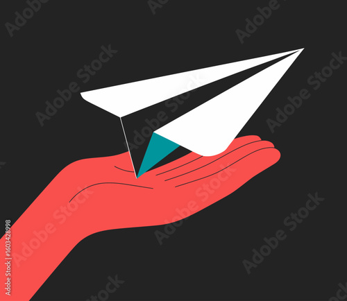 A vibrant red hand gently cradles a stylized paper airplane, symbolizing hope, dreams, and aspirations, creatively illustrated against a bold black background to capture attention.
