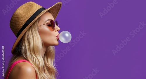 Young woman with long blonde hair in summer hat blowing bubble gum against bold purple background, side view. Pop culture, fashion, lifestyle, and fun concept