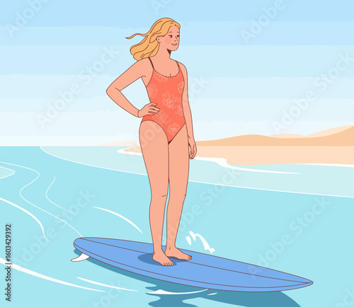 A cheerful surfer stands confidently on their board, navigating the waves under a clear blue sky, representing adventure, freedom, and the joy of beach life.