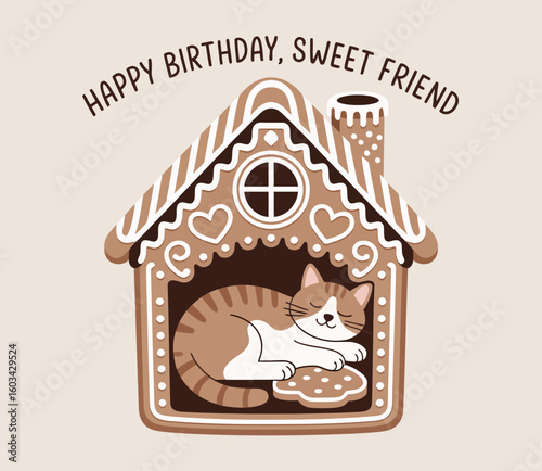 A whimsical gingerbread house with a cat sleeping peacefully inside captures the spirit of warmth, Festivity, and comfort, perfect for celebrating a sweet birthday occasion.