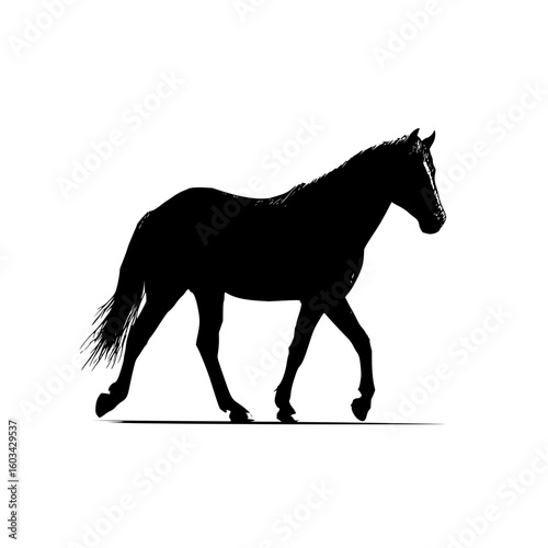 Silhouette of a horse trotting in an urban setting