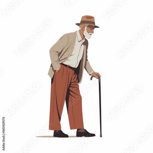 An elderly man dressed in classic attire walks with a cane, embodying wisdom and life experience. His pose suggests the grace that comes with age and reflection.