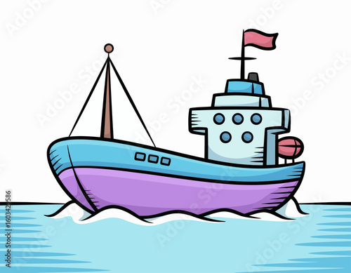 This vibrant illustration features a playful cartoon boat sailing on calm waters, showcasing a whimsical design with a blue hull and purple accents, topped by a small flag.