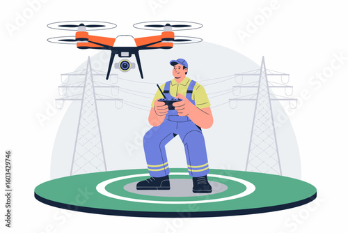 A drone operator stands confidently on a platform, controlling a drone, while power lines run in the background, showcasing modern technology in utility inspections.
