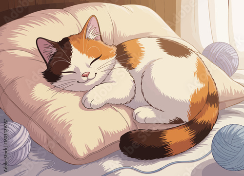 This image captures a cute calico cat peacefully napping on a soft pillow, surrounded by colorful yarn, showcasing a serene moment of comfort and tranquility.