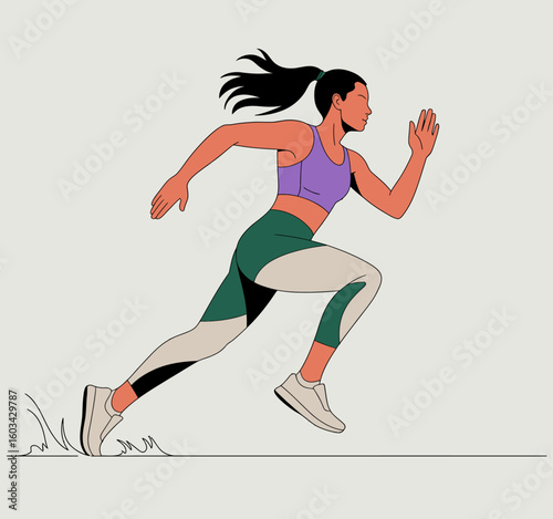 This dynamic image depicts a fit woman sprinting in stylish athletic gear, capturing the essence of fitness, motion, and determination in an active lifestyle.
