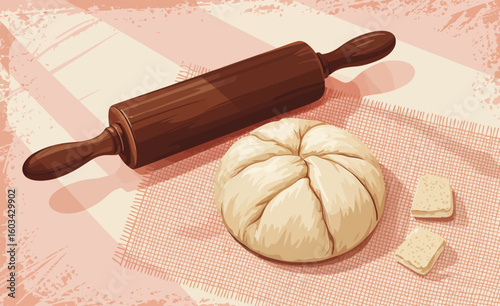 A beautifully arranged scene featuring raw dough and a rolling pin, illustrating the preparation of baked goods in a warm, inviting kitchen environment.