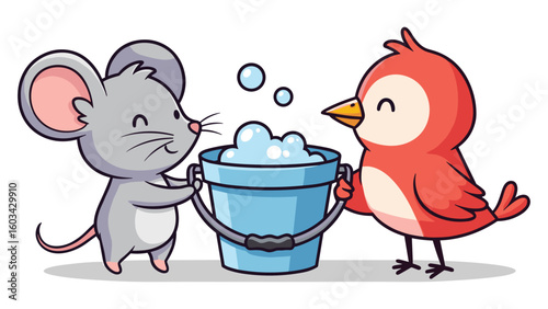 Charming Cartoon Mouse and Bird Sharing a Bucket of Bubbles Illustration for Kids