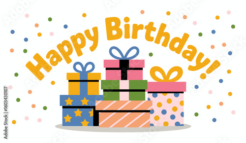 A festive and colorful illustration depicting cheerful birthday gift boxes and playful confetti, ideal for celebrating special occasions and joyful gatherings with loved ones.