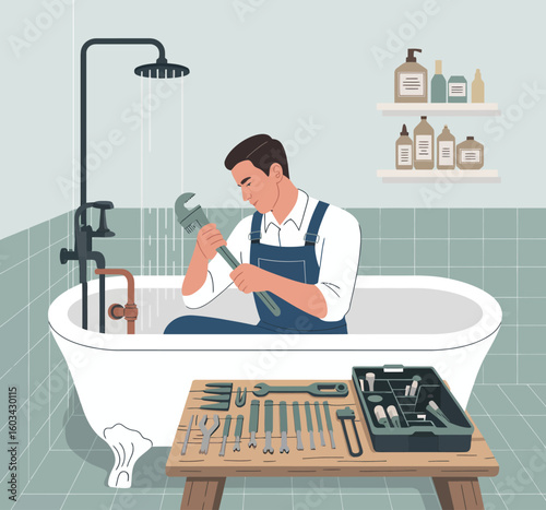 A skilled plumber is focused on repairing a shower in a stylish bathroom, highlighting the importance of maintenance and professionalism in home improvement.