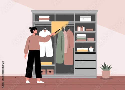 A woman is actively organizing her closet, symbolizing tidiness and attention to personal style amidst a softly colored, aesthetically pleasing backdrop.