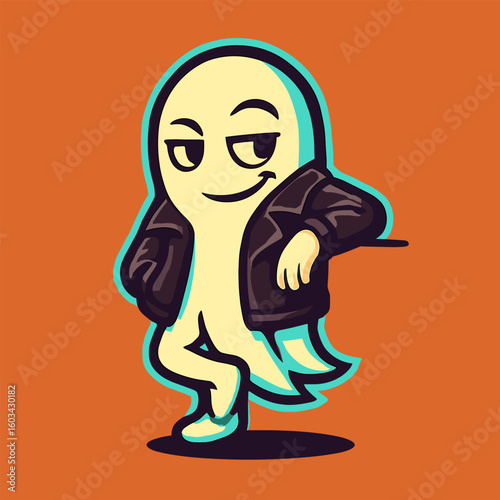 A charming ghost in a leather jacket leans coolly on an invisible wall, one leg crossed and smirking, set against a bold orange background.