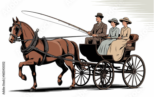A vintage horse-drawn carriage ride featuring elegantly dressed passengers, illustrating a beautiful moment from history that emphasizes class, elegance, and nostalgic charm.