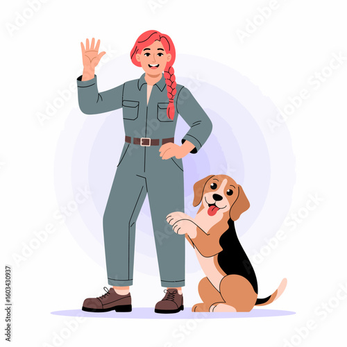 A cheerful woman in a green jumpsuit waves beside her friendly beagle, showcasing an enjoyable moment of companionship and affection between pets and owners.