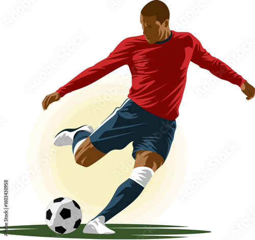 A skilled soccer player in mid-kick, wearing a vibrant red jersey, showcasing talent and dedication in the game while emphasizing action and teamwork in a soccer match.