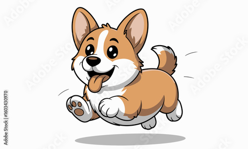 A cute cartoon corgi is playfully running with its tongue hanging out, capturing the essence of joy and enthusiasm typical of this beloved dog breed.