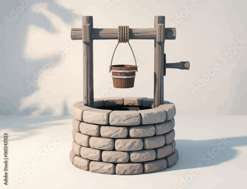 A beautifully designed illustration of a traditional stone well, featuring a wooden frame and bucket, evoking a sense of nostalgia and simplicity in its rustic charm.
