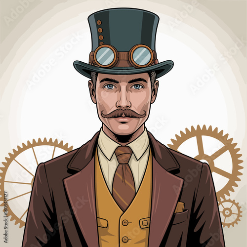 A suave gentleman dressed in steampunk attire, complete with a top hat and goggles, exudes charm and sophistication against a backdrop of gears, showcasing unique style.
