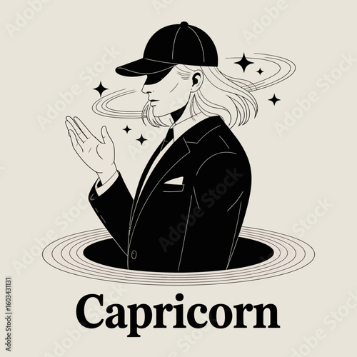 An artistic interpretation of the Capricorn zodiac sign featuring a stylish figure emerging from a cosmic portal, symbolizing ambition and determination in human nature.
