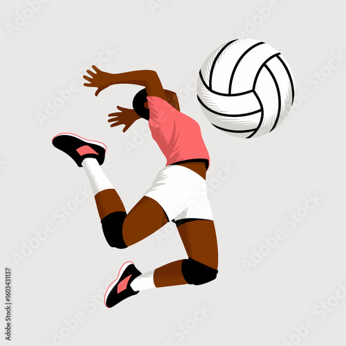 An impressive volleyball player in mid-air captures the excitement and energy of the game, showcasing athletic prowess and teamwork spirit.