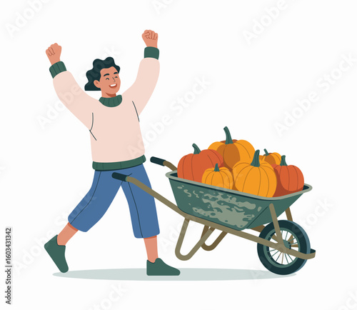 A cheerful individual pushes a wheelbarrow filled with an abundance of pumpkins, showcasing happiness in gardening and the excitement of harvest season in a colorful illustration.