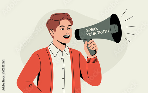A confident young man passionately delivers a message through a megaphone, symbolizing the importance of self-expression and communication in a personal and vibrant graphic style.