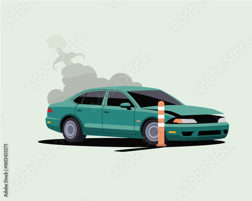 A damaged car with smoke rising, positioned next to a traffic cone, highlighting the importance of road safety and the aftermath of a vehicle accident scenario.