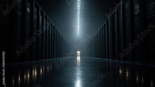 Server room, futuristic, dark, corridor