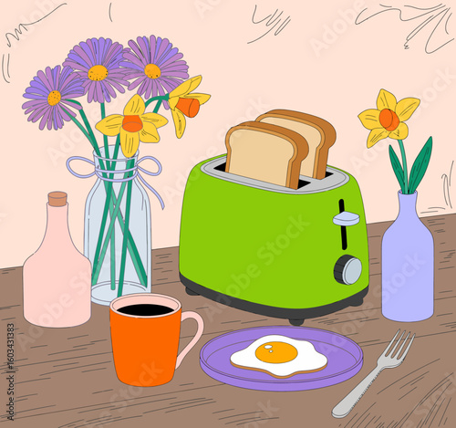 A whimsical breakfast scene features a bright green toaster, toasted bread, a sunny-side-up egg, and colorful flowers, portraying a lively and cozy morning atmosphere.