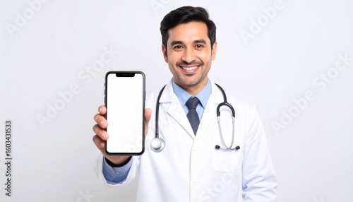 A male doctor is holding a cell phone in his hands, using a blank white mockup screen to demonstrate an ehealth mobile app for medical healthcare telemedicine advertisements and e telehealth online ap